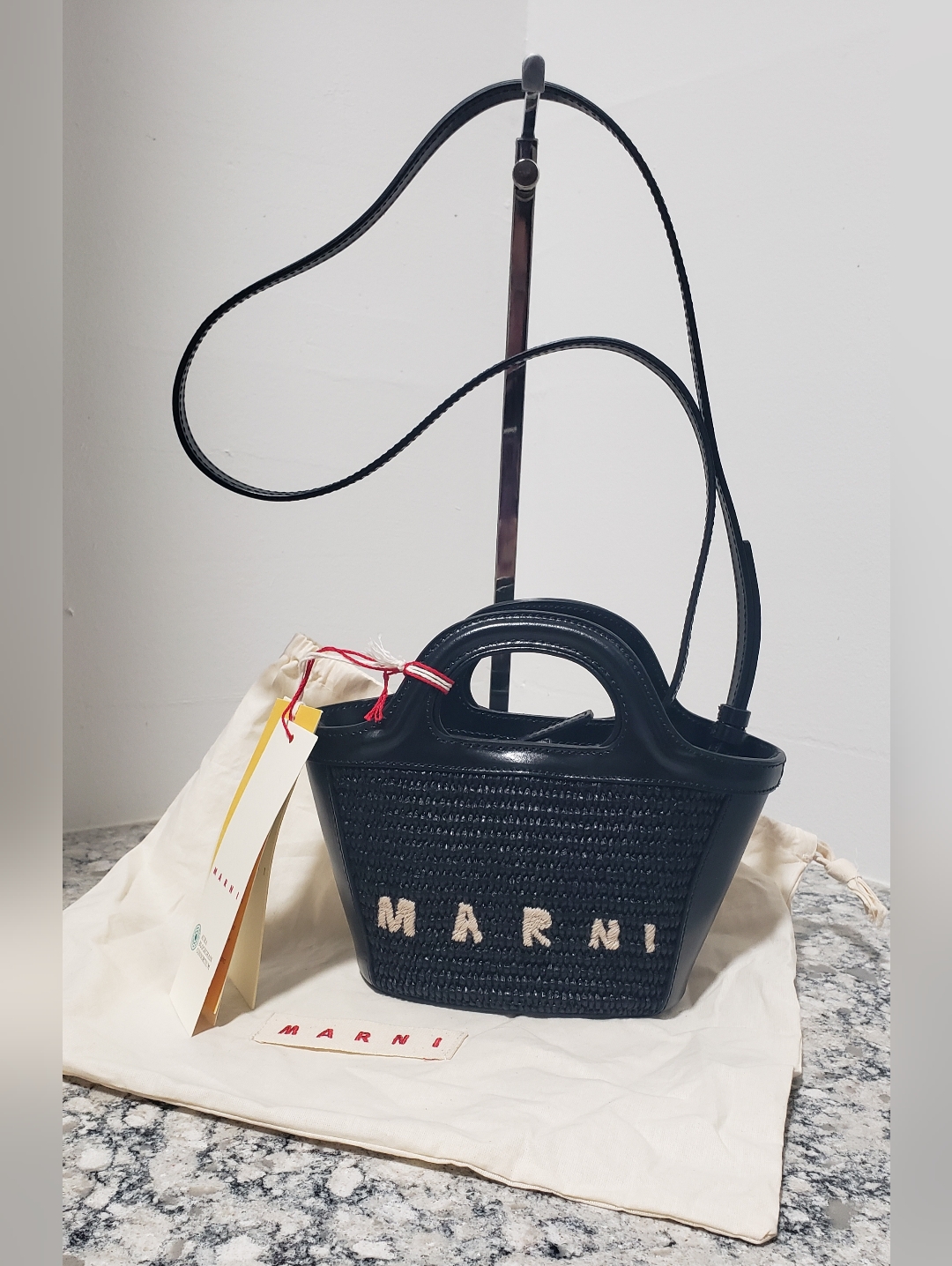 Marni Tropicalia Micro Bag In Black Leather And Raffia-Effect Fabric Nwt